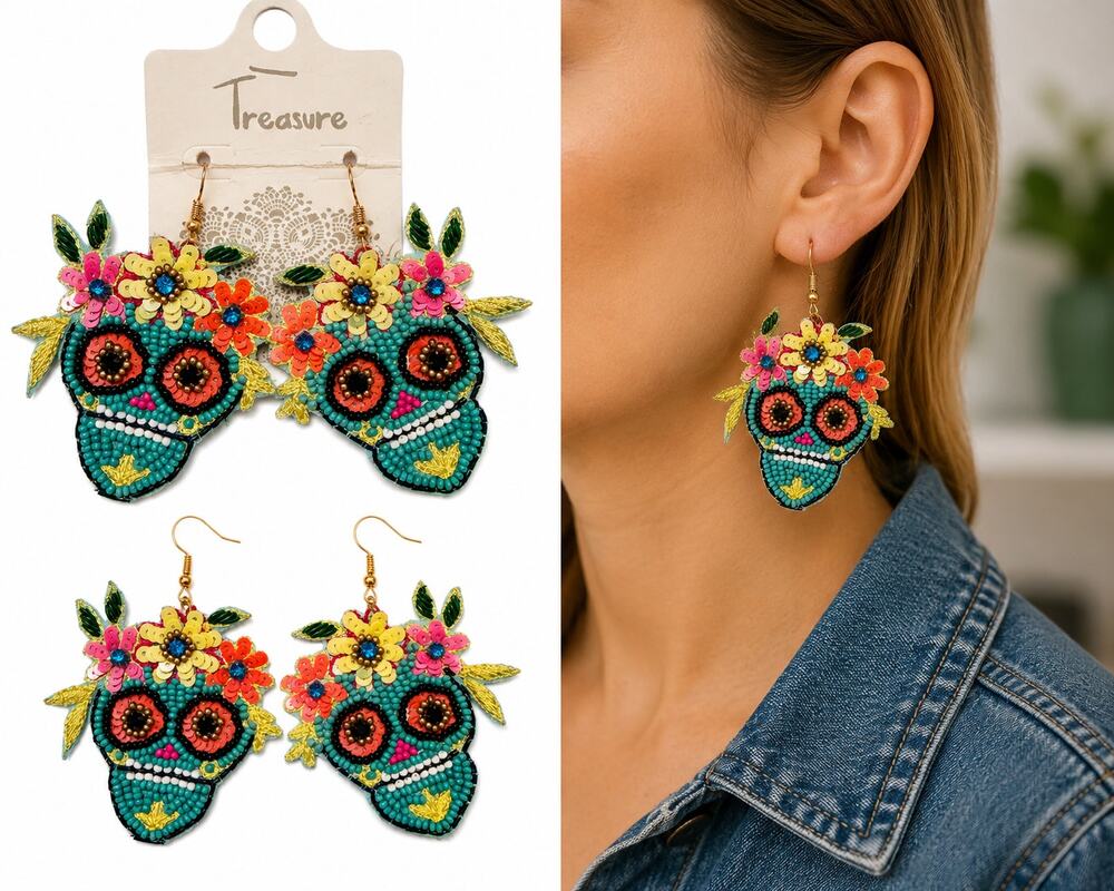 Colorful Sugar Skull Floral Beaded Earrings – Statement Dangle Earrings